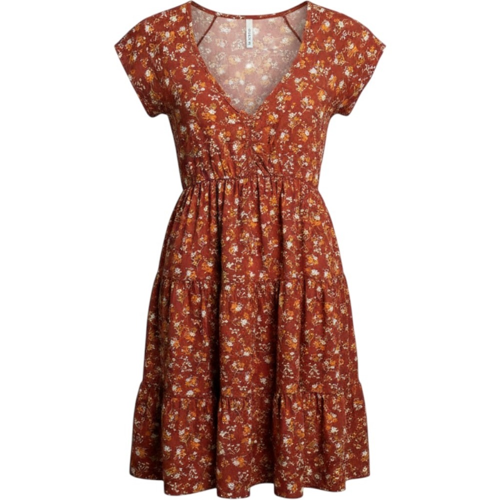 No Boundaries Womens Rust Floral Tiered Mini Dress V-Neck Cap Sleeve XS 1